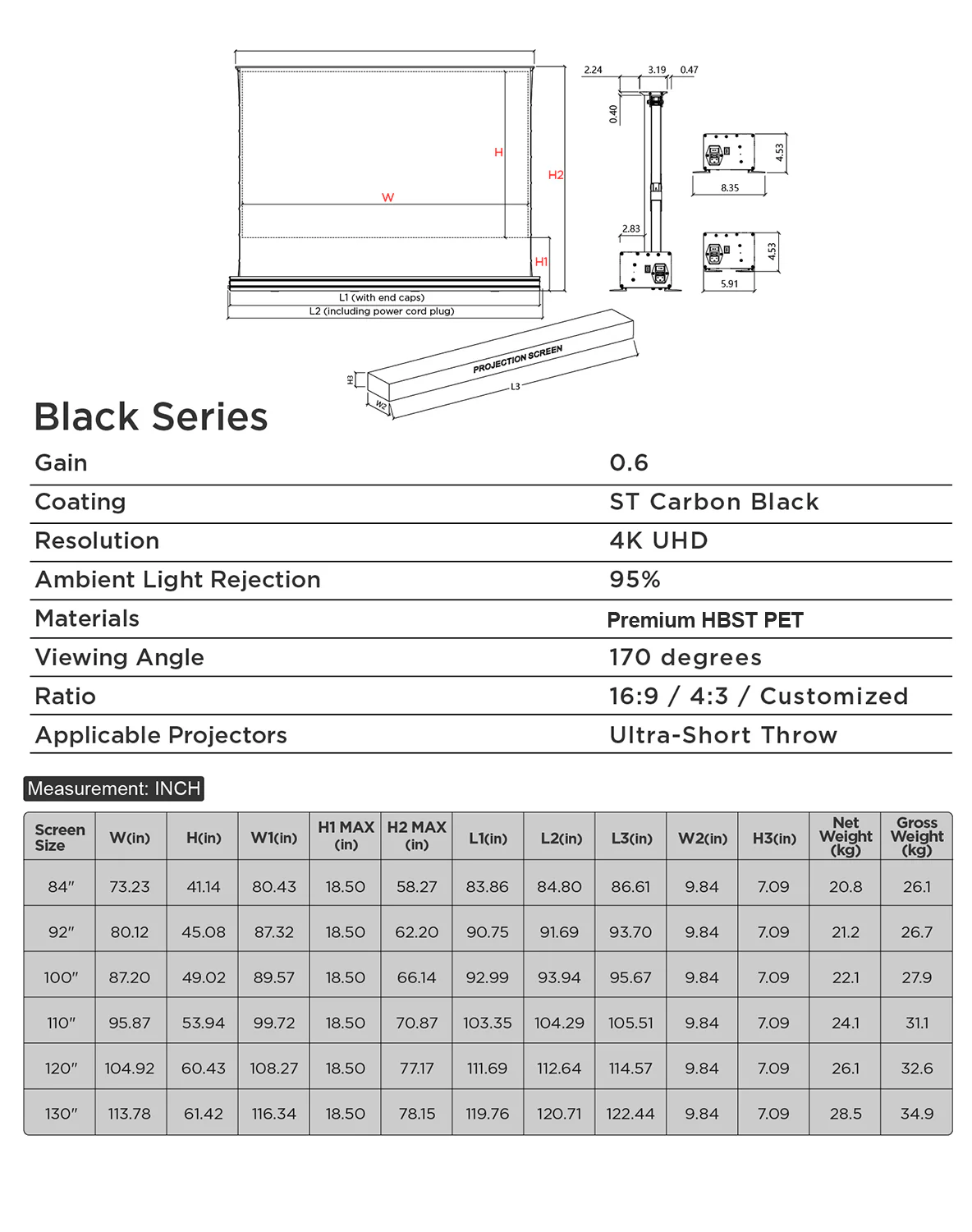 84''-130'' NothingProjector Black Series 95% ALR Motorized Floor Rising Screen For Ultra Short Throw Projector - Image 24