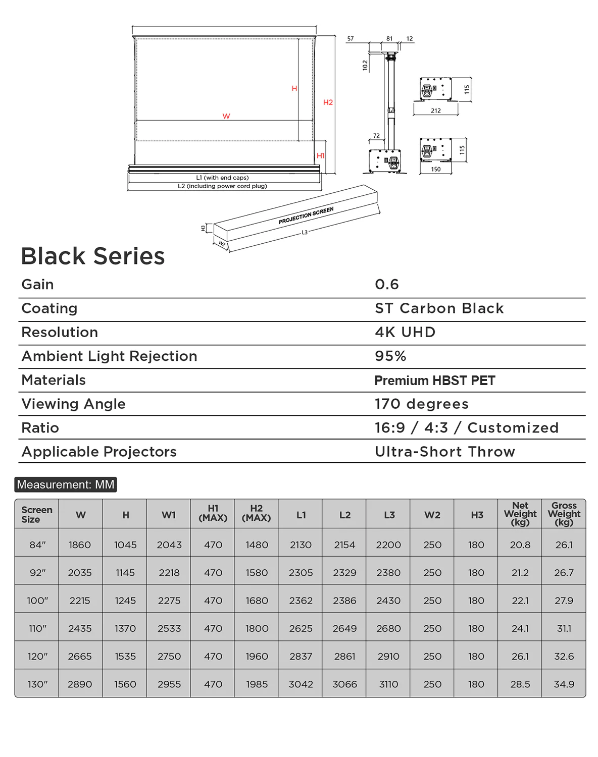 84''-130'' NothingProjector Black Series 95% ALR Motorized Floor Rising Screen For Ultra Short Throw Projector - Image 25